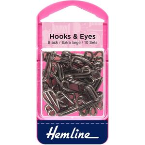 Hemline Hooks and Eyes, Extra Large, Black, Size 9, 10 Sets, Rustproof Brass