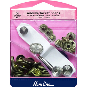 ANORAK / JACKET SNAPS 15mm, 10 Sets, Tool Included, ANTIQUE Tone BRASS