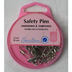 Hemline Safety Pins, Hardened &amp; Tempered, 27mm, 36 Pieces, Re-Usable Box