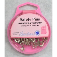 Hemline Safety Pins, Hardened &amp; Tempered, Assorted 32 Pieces, Re-Usable Box