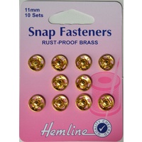 Metal Snap Fasteners, GOLD, 11mm Dia., 10 Sets Sew-In, By Hemline