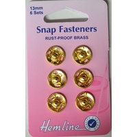 Metal Snap Fasteners, GOLD, 13mm Dia., 6 Sets Sew-In, By Hemline