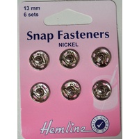 Metal Snap Fasteners, NICKLE, 13mm Dia., 6 Sets Sew-In, By Hemline