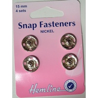 Metal Snap Fasteners, NICKLE, 15mm Dia., 4 Sets Sew-In, By Hemline