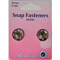 Metal Snap Fasteners, NICKLE, 18mm Dia., 2 Sets Sew-In, By Hemline