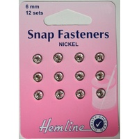 Metal Snap Fasteners, NICKLE, 6mm Dia., 12 Sets Sew-In, By Hemline