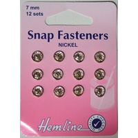 Metal Snap Fasteners, NICKLE, 7mm Dia., 12 Sets Sew-In, By Hemline