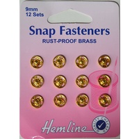 Metal Snap Fasteners, GOLD, 9mm Dia., 12 Sets Sew-In, By Hemline