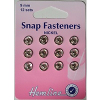 Metal Snap Fasteners, NICKLE, 9mm Dia., 12 Sets Sew-In, By Hemline