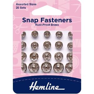 Metal Snap Fasteners, NICKLE, Assorted Dia., 20 Sets Sew-In, By Hemline
