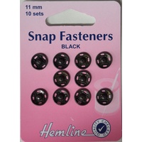 Metal Snap Fasteners, BLACK, 11mm Dia., 10 Sets Sew-In, By Hemline