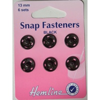 Metal Snap Fasteners, BLACK, 13mm Dia., 6 Sets Sew-In, By Hemline