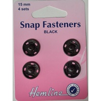 Metal Snap Fasteners, BLACK, 15mm Dia., 4 Sets Sew-In, By Hemline