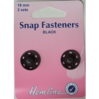 Metal Snap Fasteners, BLACK, 18mm Dia., 2 Sets Sew-In, By Hemline