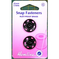 Metal Snap Fasteners, BLACK, 21mm Dia., 2 Sets Sew-In, By Hemline