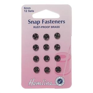 Metal Snap Fasteners, BLACK, 6mm Dia., 12 Sets Sew-In, By Hemline