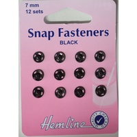 Metal Snap Fasteners, BLACK, 7mm Dia., 12 Sets Sew-In, By Hemline