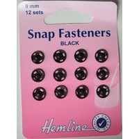 Metal Snap Fasteners, BLACK, 9mm Dia., 12 Sets Sew-In, By Hemline