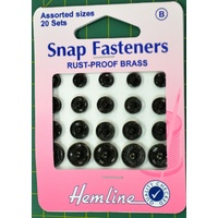 Metal Snap Fasteners, BLACK, Assorted Dia., 20 Sets Sew-In, By Hemline