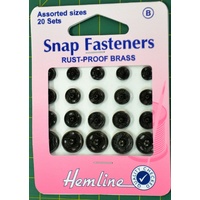Metal Snap Fasteners, BLACK, Assorted Dia., 20 Sets Sew-In, By Hemline