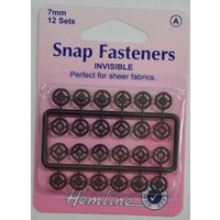 Hemline Invisible Snap Fasteners, BLACK, 7mm 12 Sets, Perfect For Sheer Fabrics