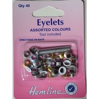 Hemline Eyelets, Assorted Colours, Tool Included, 40 Pieces, Directions On Pack