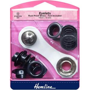 Hemline Eyelets Rust Proof Brass, Tool Included, 14mm, 10 Sets BLACK