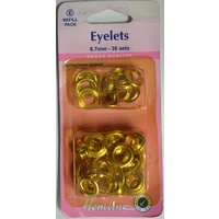 Hemline Eyelets Rust Proof Brass REFILL, 8.7mm, 36 Sets GOLD Colour