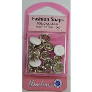 Hemline Fashion Snaps, 11mm, 6 Sets, WHITE Top Colour