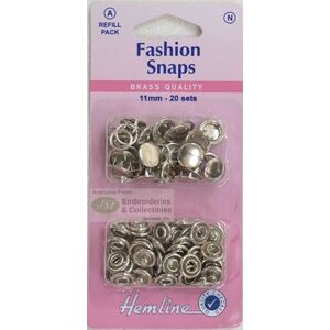 Hemline Fashion Snaps Brass Quality 11mm 20 Sets Refill Pack, SILVER LOOK