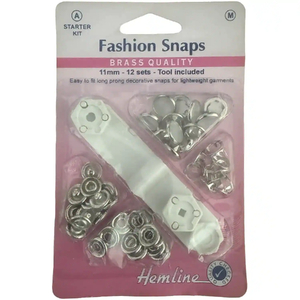 Hemline Fashion Snaps Brass 11mm 12 Sets, Starter Pack Tool Included, PEARL LOOK