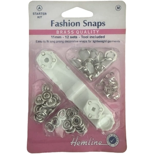 Hemline Fashion Snaps Brass 11mm 12 Sets, Starter Pack Tool Included, PEARL LOOK