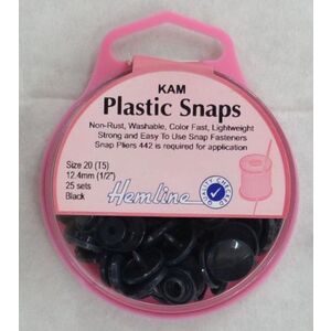 Hemline Kam Plastic Snaps, Size 20 (T5) 12.5mm, BLACK, Washable Non Rust