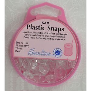 Hemline Kam Plastic Snaps, Size 20 (T5) 12.5mm, CLEAR, Washable Non Rust