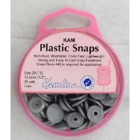 Hemline Kam Plastic Snaps, Size 20 (T5) 12.5mm, GREY, Washable Non Rust
