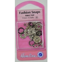 Hemline Fashion Snaps Ring TopP 11mm, 6 Sets, BLACK Colour Ring
