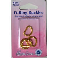 Hemline D Ring Buckles, 12mm, 4 Pcs, Gold Colour, For bags, Straps, Garments
