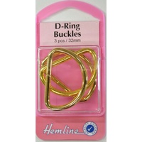 Hemline D Ring Buckles, 32mm, 3 Pcs, Gold Colour, For bags, Straps, Garment Accessories