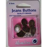 Hemline Jeans Buttons, Quality Brass, Brass Colour, 6 Sets Approx 16mm Diameter