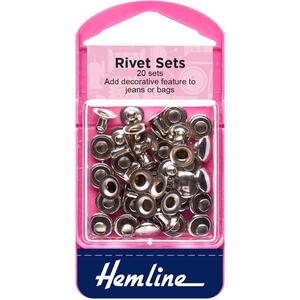 Hemline Rivet Kit, 20 Rivets, Aprox 8mm, Nickle Colour, Instructions On Pack.