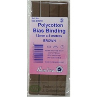 Hemline Polycotton Bias Binding 12mm x 5m, BROWN