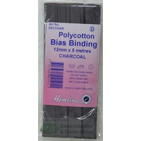 Hemline Polycotton Bias Binding 12mm x 5m, CHARCOAL