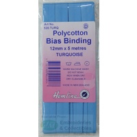 Hemline Polycotton Bias Binding 12mm x 5m, TURQUOISE
