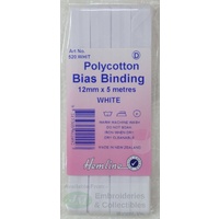 Hemline Polycotton Bias Binding 12mm x 5m, Hem Facing Tape, WHITE