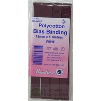 Hemline Polycotton Bias Binding 12mm x 5m, WINE
