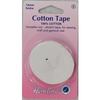 Hemline Cotton Tape, 12mm x 5 Metres, WHITE Non-Stretch 100% Cotton