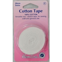 Hemline Cotton Tape, 20mm x 5 Metres, WHITE Non-Stretch 100% Cotton