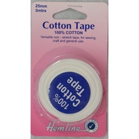 Hemline Cotton Tape, 25mm x 5 Metres, WHITE Non-Stretch 100% Cotton