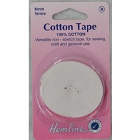 Hemline Cotton Tape, 6mm x 5 Metres, WHITE Non-Stretch 100% Cotton