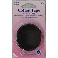 Hemline Cotton Tape, 12mm x 5 Metres, BLACK, Non-Stretch 100% Cotton